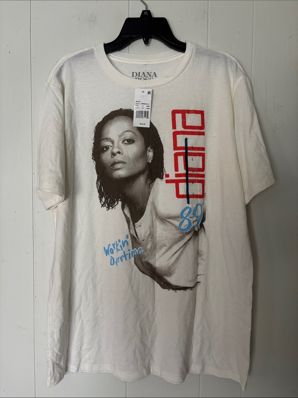 DIANA White Short Sleeve Graphic Tee with Black Portrait and Red & Blue Accents